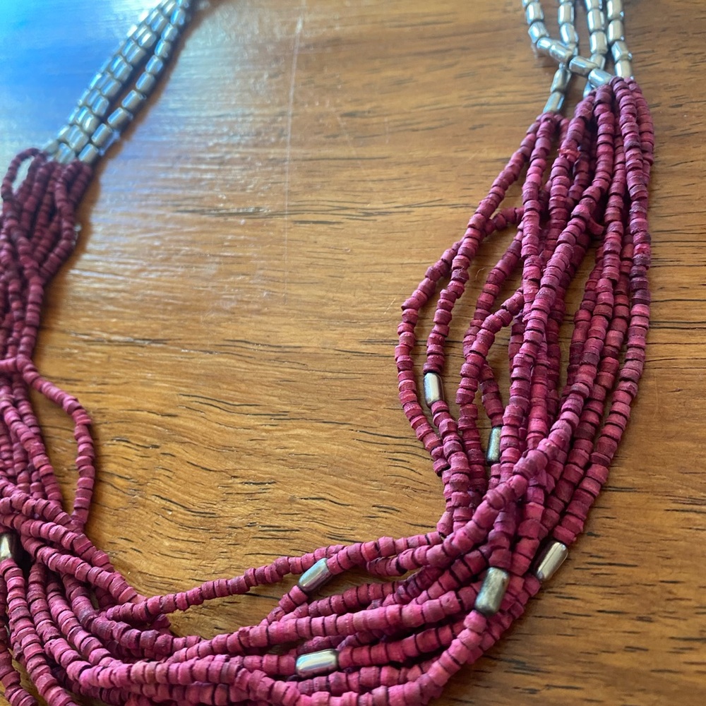 Boho silver and maroon layered, beaded necklace